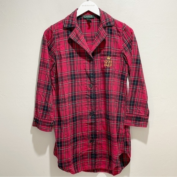 LAUREN RALPH LAUREN Women’s Red Blk Flannel Plaid Logo Button Up Night Shirt XS - Picture 1 of 9